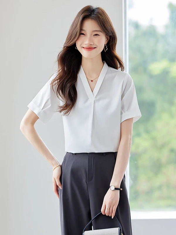 

Elegant Short Sleeve Shirt Women's Casual Versatile OL Fashion Simple Commute Top Trendy Polyester Fiber Straight Cut V-neck