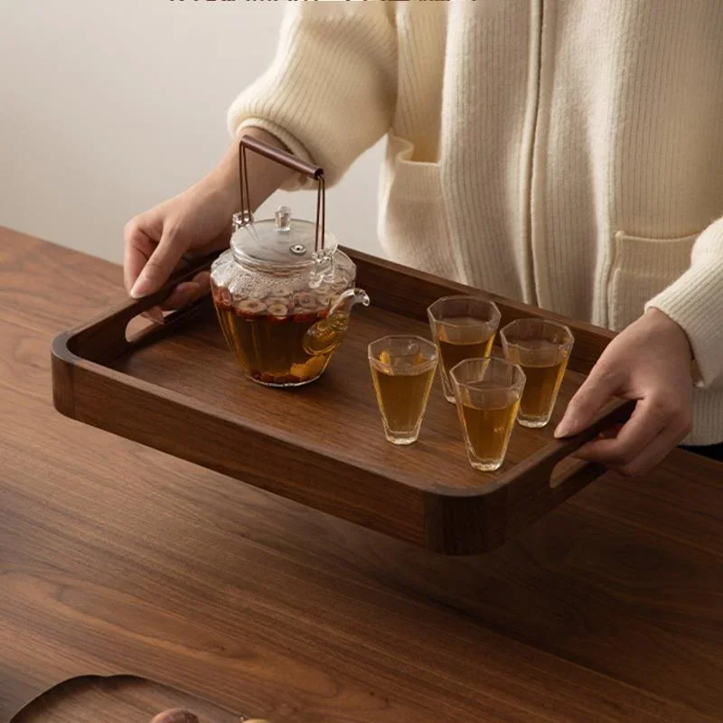 Black Walnut Wood Storage Tray Wooden Household Thickened Anti Scalding Tea Cups Cakes Dinner Plates Nordic Minimalist Kitchen