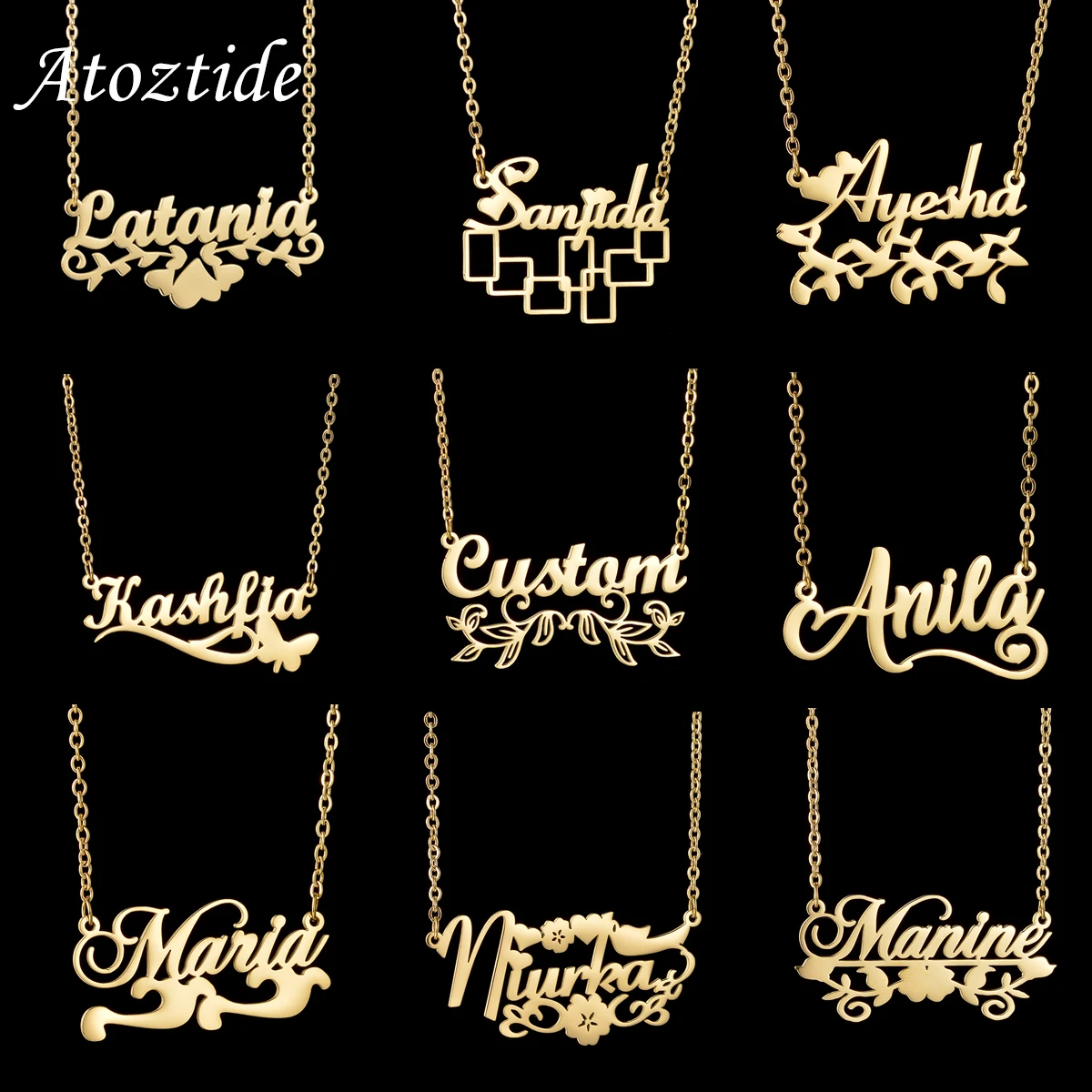 Atoztide Personalized Custom Names Necklace Stainless Steel for Women Bottom Design Pendant Thick Chain Christmas Jewelry Gift