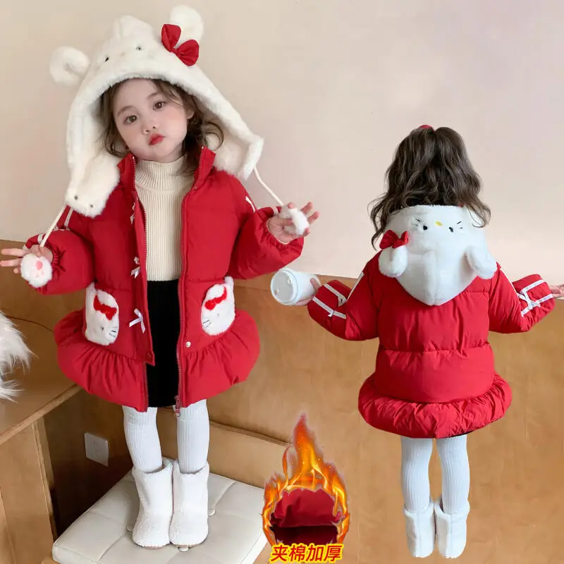 

Anime Hello Kitty Girls Fleece-Lined Outerwear Winter Kids Hooded Coat Plush Thick Long Warm Cotton-Padded Jacket Snowsuits Gift