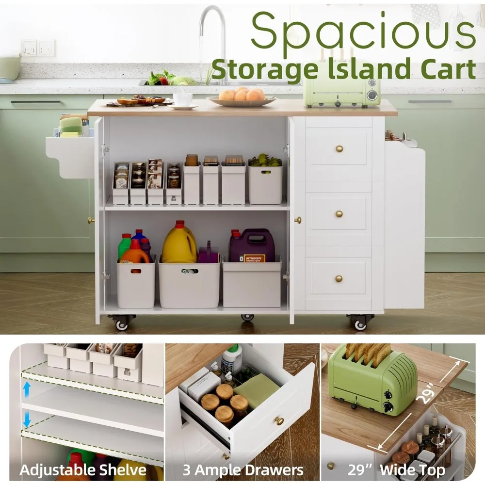 Picture 4: Kitchen Island On Wheels Rolling Cart With Drop Leaf Storage Cabinet Three Drawers Inner Adjustable Shelves