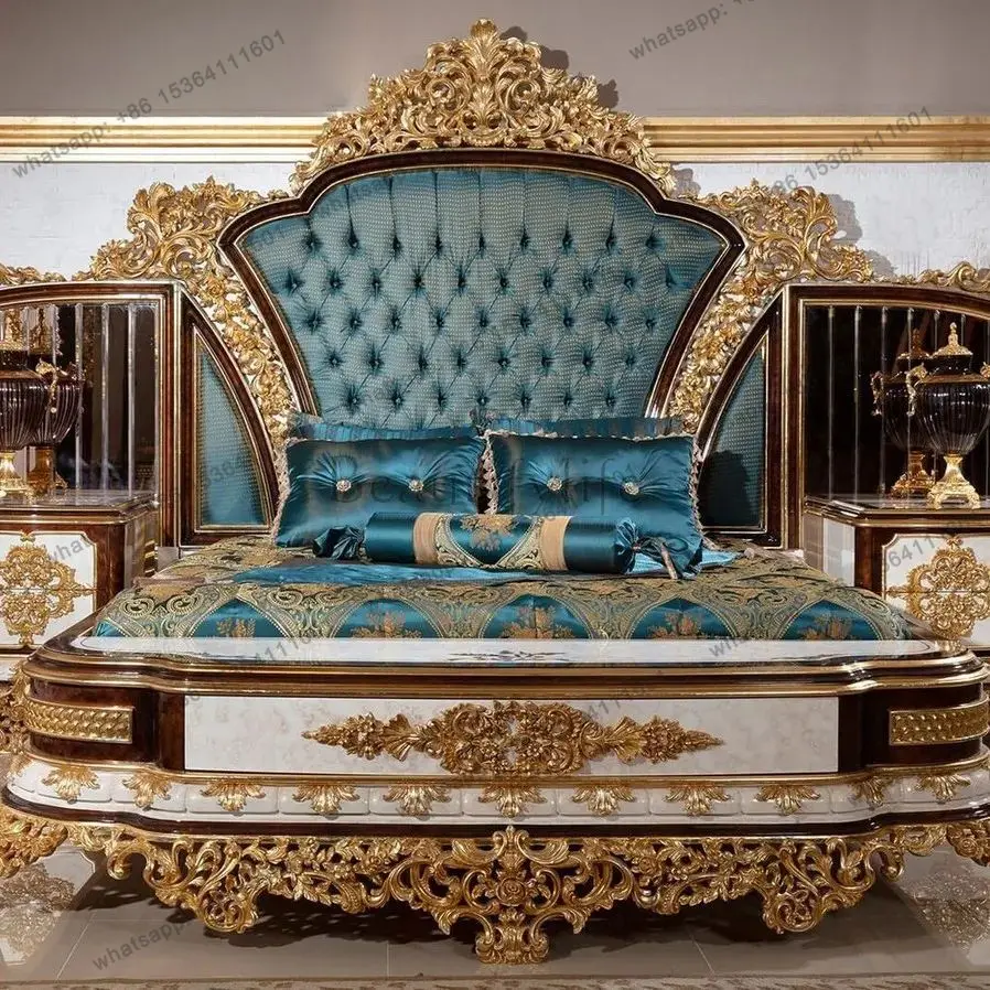 

Turkish Luxury king Size Double Tufted Bedroom Sets Bed Furniture Royal Carved Solid Wooden Headboard Frame Velvet Fabric Bed