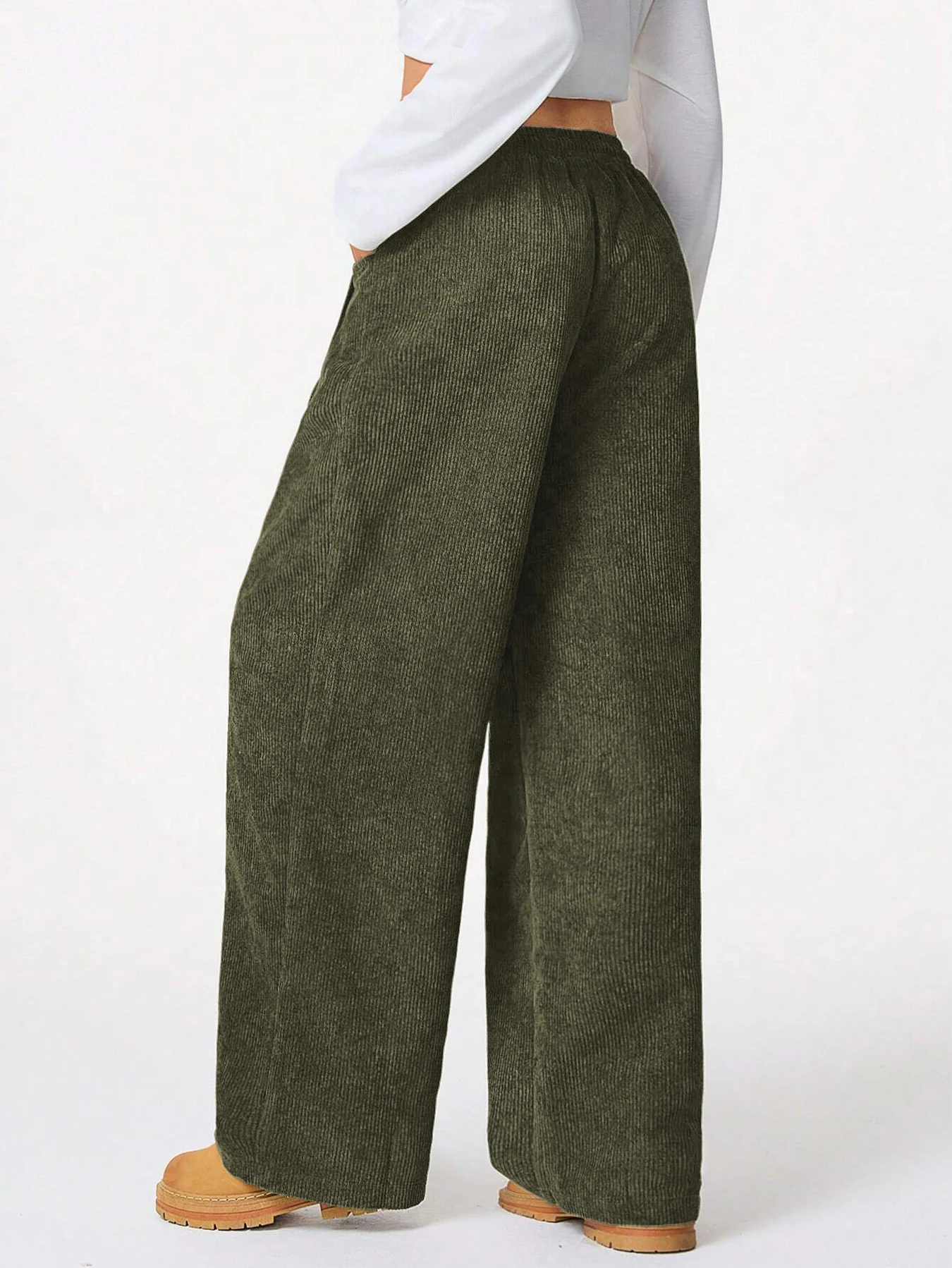 Damen Retro Cord Cargo-Hose Lässige Kordelzug Gerade Sporthose Fließende Alltags-Pendlerhose mit Weitem Bein – Detail 21