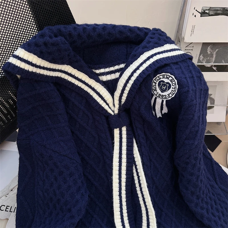 

Women's Blue Navy Neck Sweater 2025 Spring Autumn Korean Casual College Style Loose Outer Wear Pullover Versatile Sweater Top