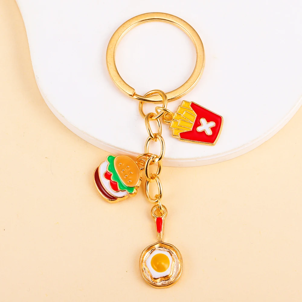 Creative Metal Enamel Fried Egg Chips Hamburger Food Pendants Keychains For Women Men Bags Car Key Accessories Party Free Gifts