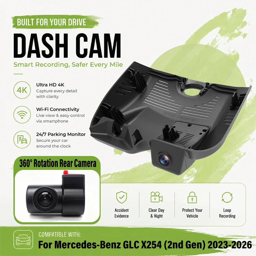 Dedicated 4K Dash Cam for Mercedes-Benz GLC X254 (2nd Gen) 2023-2026(Model A/B) WiFi & APP HD Night Vision Plug and Play Dashcam