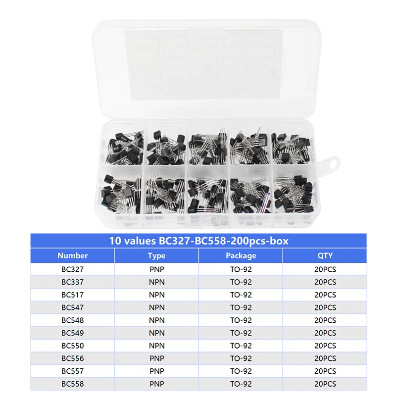 200PCS Transistor Kit 2N2222 2N3904 2N3906 BC337 BC547 BC557 S8050 S8550 S9012 S9013 10 value PNP NPN Transistors Triode