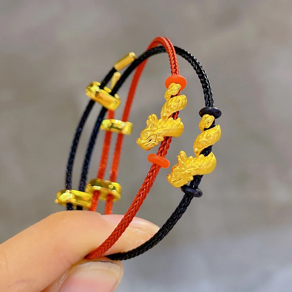 1pcs Pure 24K Yellow Gold Bracelet For Women Men 3D Convolutional Dragon Lover Gift Red String Bracelet