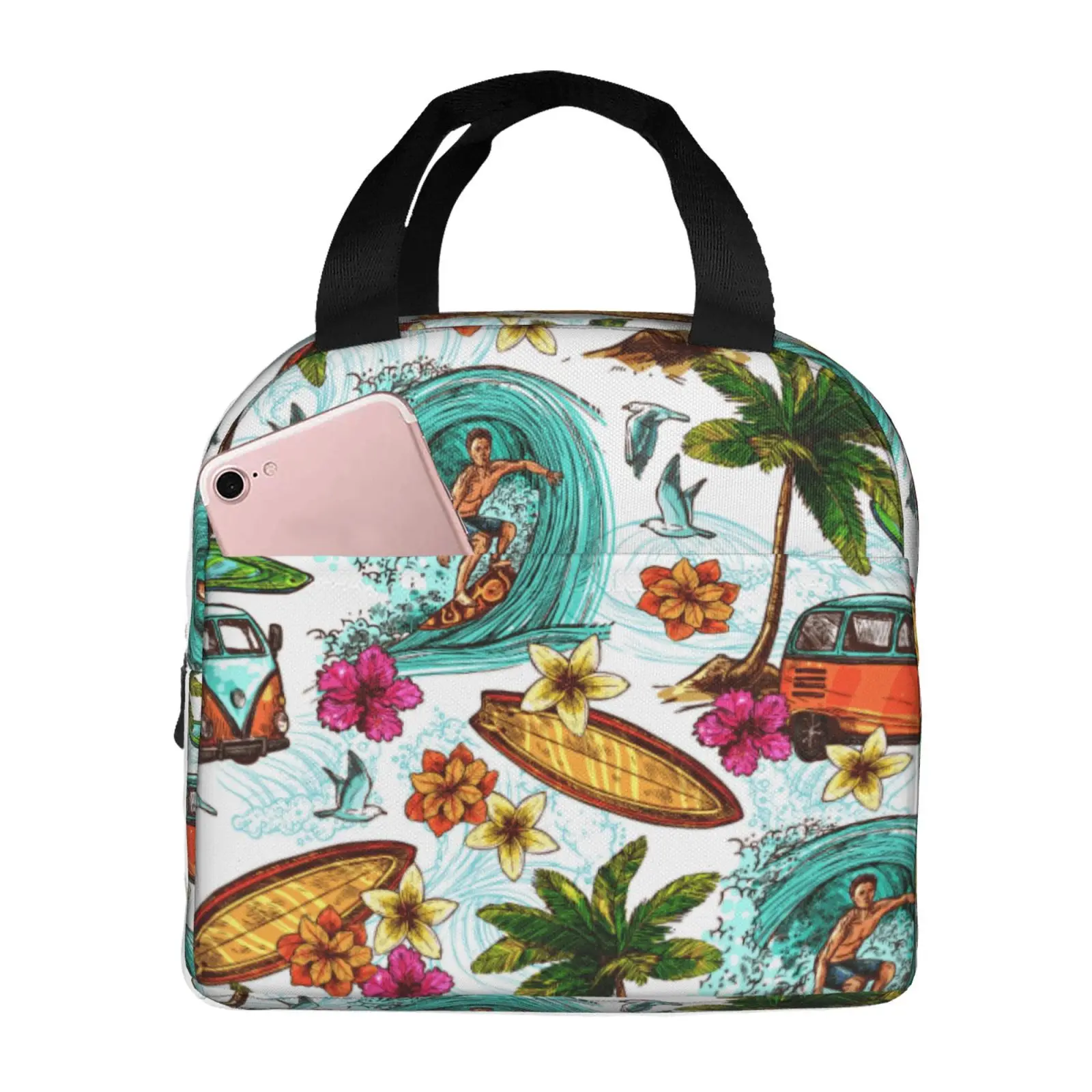 Casual Hawaiian Vacation Print Portable Lunch Boxes Waterproof Thermal Cooler Food Insulated Lunch Bag Kids School Children