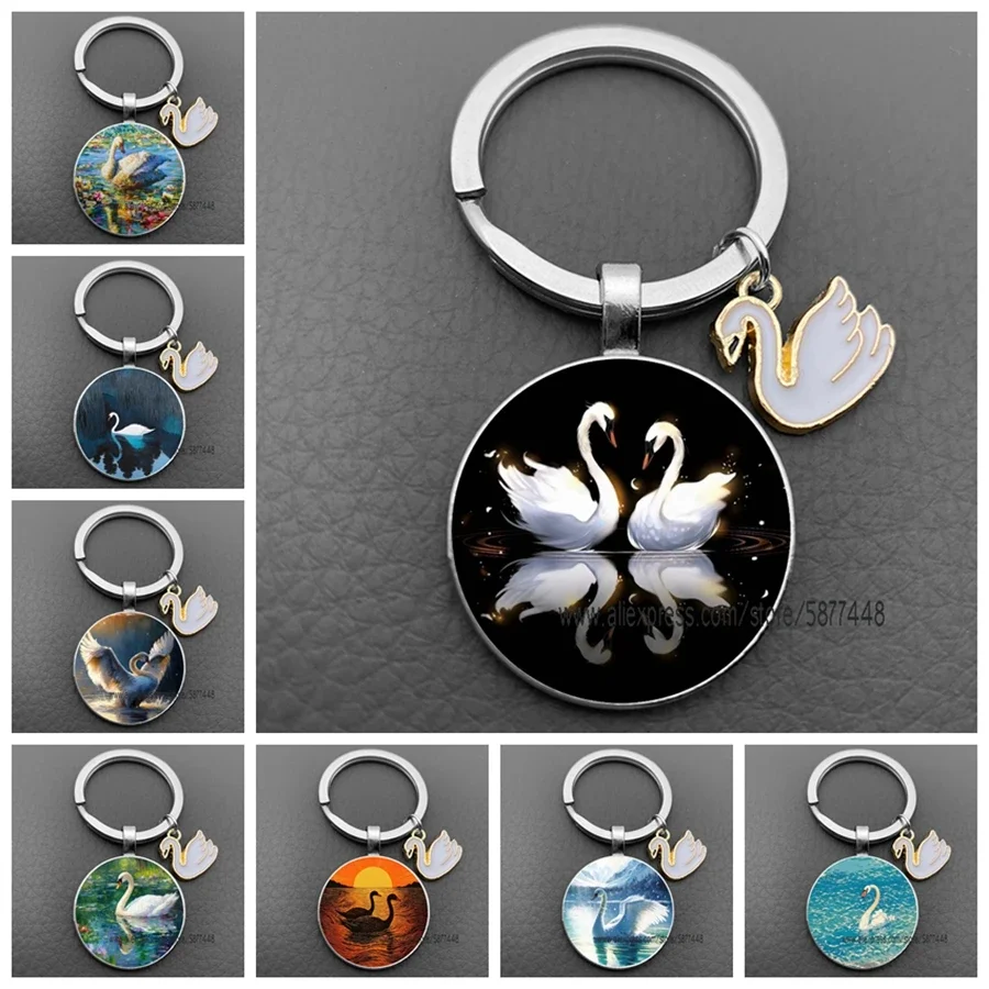 Black and white swan keychain beautiful swan lake jewelry dome glass keyring white swan pendant keychain gift can be customized