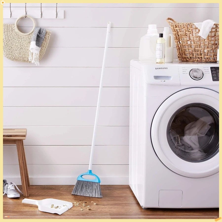 مجموعة مكنسة مجرفة مع سهلة التجميع ومقبض طويل، أزرق وأبيض 9 بوصة عرض × 52 بوصة ارتفاع