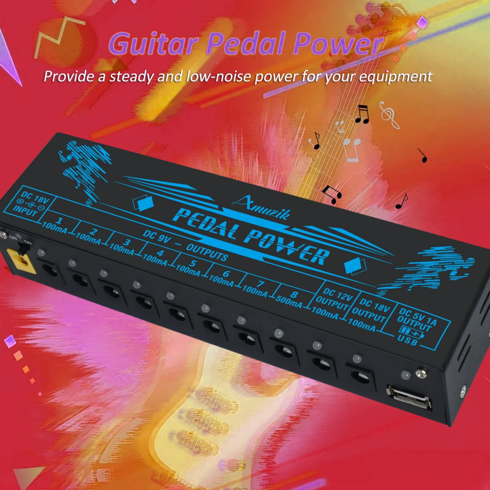 Amuzik Guitar Pedal Power Supply 10 Isolated DC Pedals Power Source  Output 9V/12V/18V Guitar Effector USB Charging Port