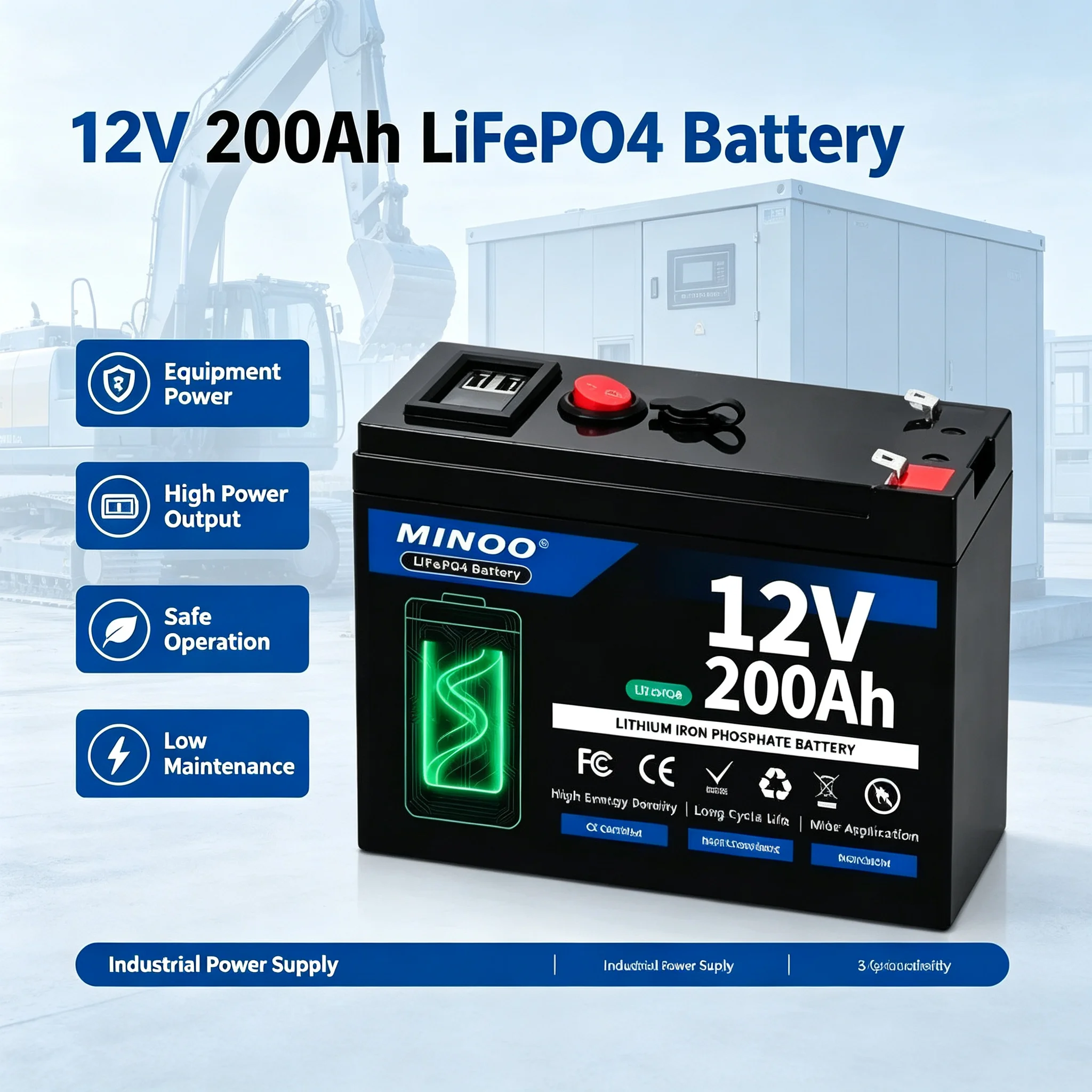 12V 200Ah LiFePO4 Battery Lithium Iron Phosphate Deep Cycle Rechargeable Battery With BMS For Solar RV Marine Energy Storage
