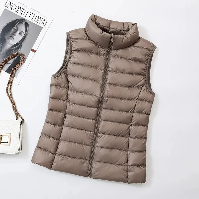 Winter Women Light White Duck Down Vest Warm Sleeveless Waistcoat Parka Female Stand Collar Down Coat Short Tops