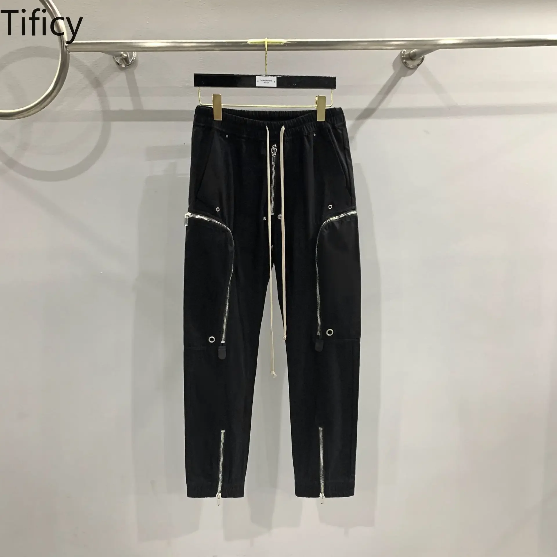 

TIFICY High Street Black Pants Cotton Men's Fashion Show Style Multi Zipper Motorcycle Men's Casual Pants Calf Casual Pants