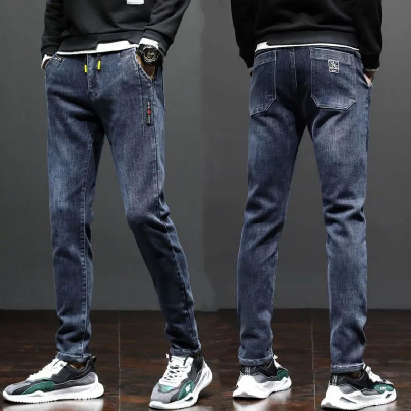 Outono 2022 denim jeans coreano elástico na cintura calças de lápis com cordão azul escuro calças compridas streetwear masculino jeans de luxo