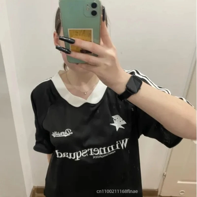 Топ для уличных танцев с ретро-вышивкой и цветными блоками, футболка с v-образным вырезом и короткими рукавами, свободный повседневный стиль в стиле хип-хоп