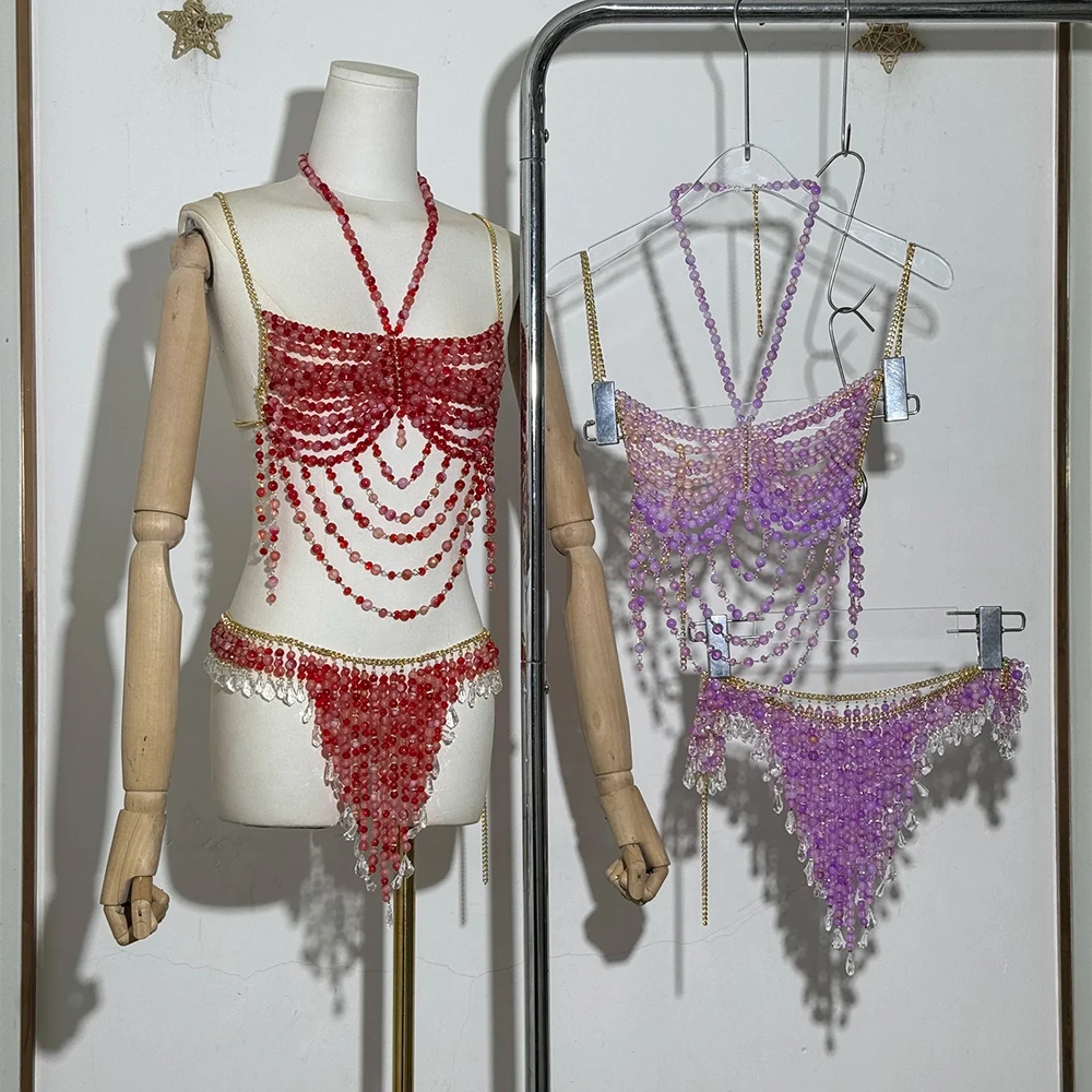 New Beaded Hottie Body Chain Neck Outer Top Halter Bikiini Bra Skirt Hot Set Sexy Backless Sleeveless Top Belt Beahwear Lingeie