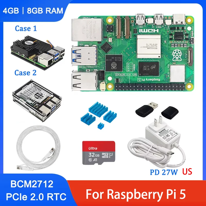 Raspberry Pi 5 4G 8G RAM BCM2712 Cortex-A76 2.4 جيجا هرتز VideoCore VII LPDDR4X-4267 علبة اختيارية لإمداد الطاقة لـ Raspberry Pi 5