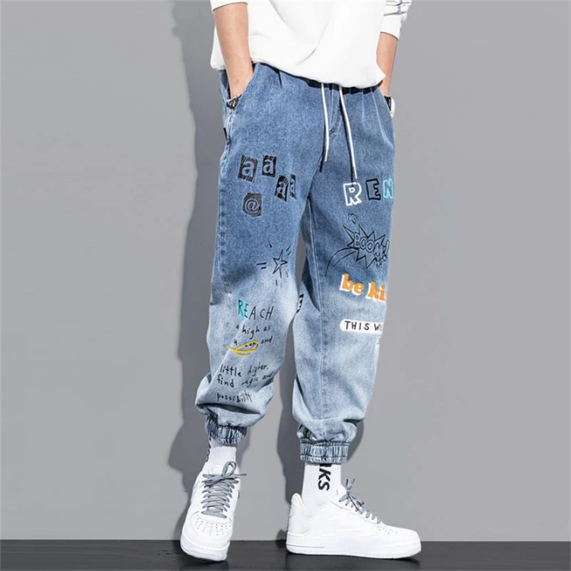 2023 Loose Harem Jeans Men Casual Japanese Style Fashion Printing Trousers Blue Washed Denim Jeans Pants Male Jeans Masculinos