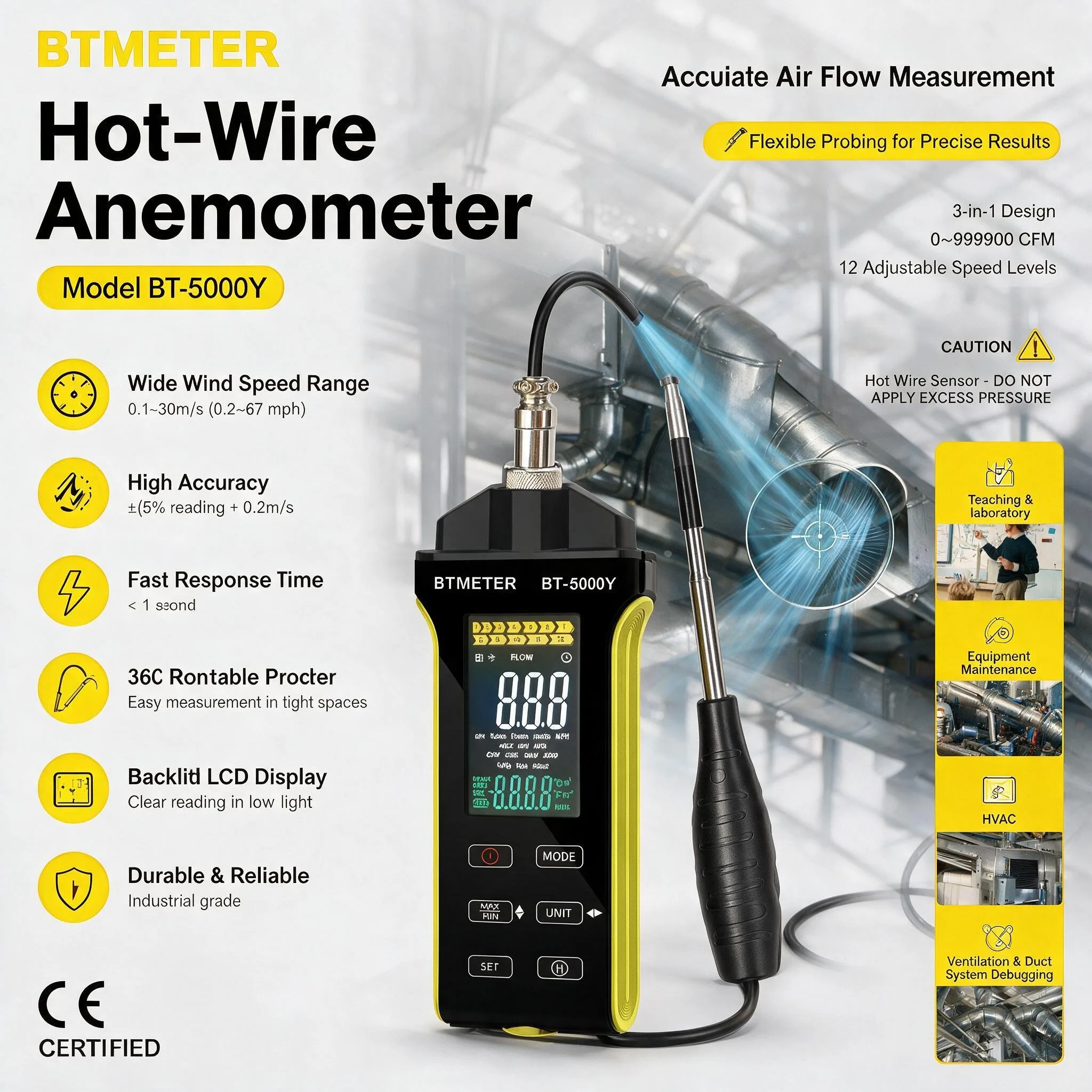 HoldPeak 5000Y Hot Wire Anemometer 0.1-30m/s Air Flow Meter CFM/CMM Temp USB-C Rechargeable Telescopic Probe Backlit