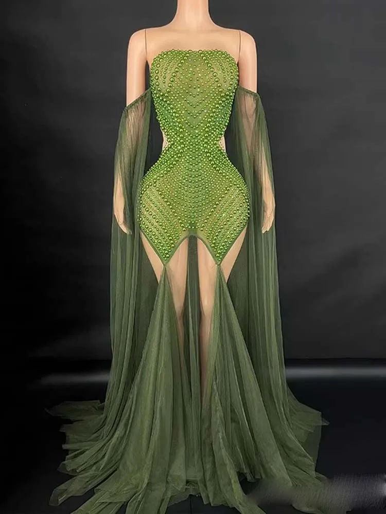 High Quality Hot Rolled Pearl Sexy Mesh Spliced Pearl Strapless Dress 2025 New Fashion Custom Women'S Clothing