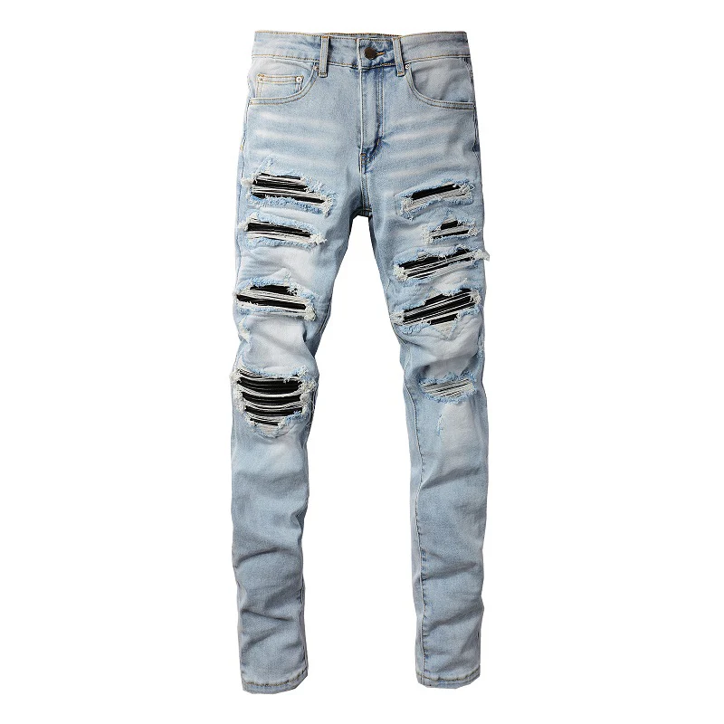 Herren Schwarze Plissierte Patch-Biker-Jeans Streetwear Hellblaue Stretch-Denim-Hose Zerrissene Skinny Tapered Hose – Detail 12