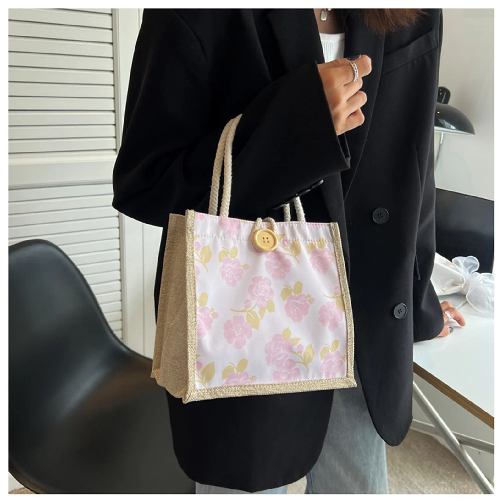 Linen Tote Bag Storage Bag Lunch Pouch Tote Bag Handbag Bento Bag Button Clasp Cute Flower Printing Picnic Food Bento Bag image 3