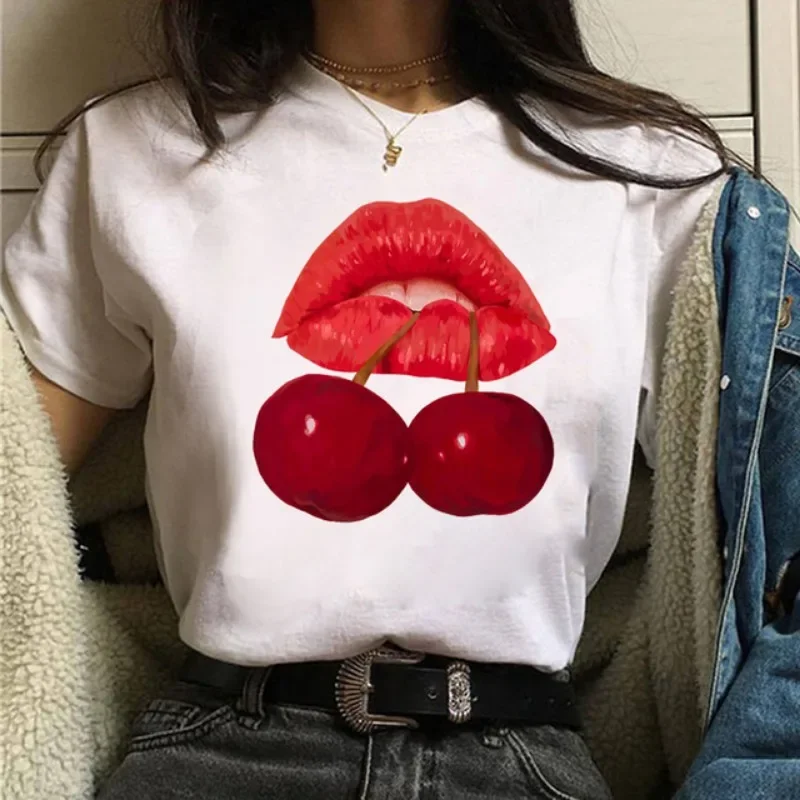 Spring Women's Short Sleeve New T-shirt Sexy Lips Series Printed Fashion Round Collar Casual Girl Tshirt Y2k Aesthetic Tops Tee