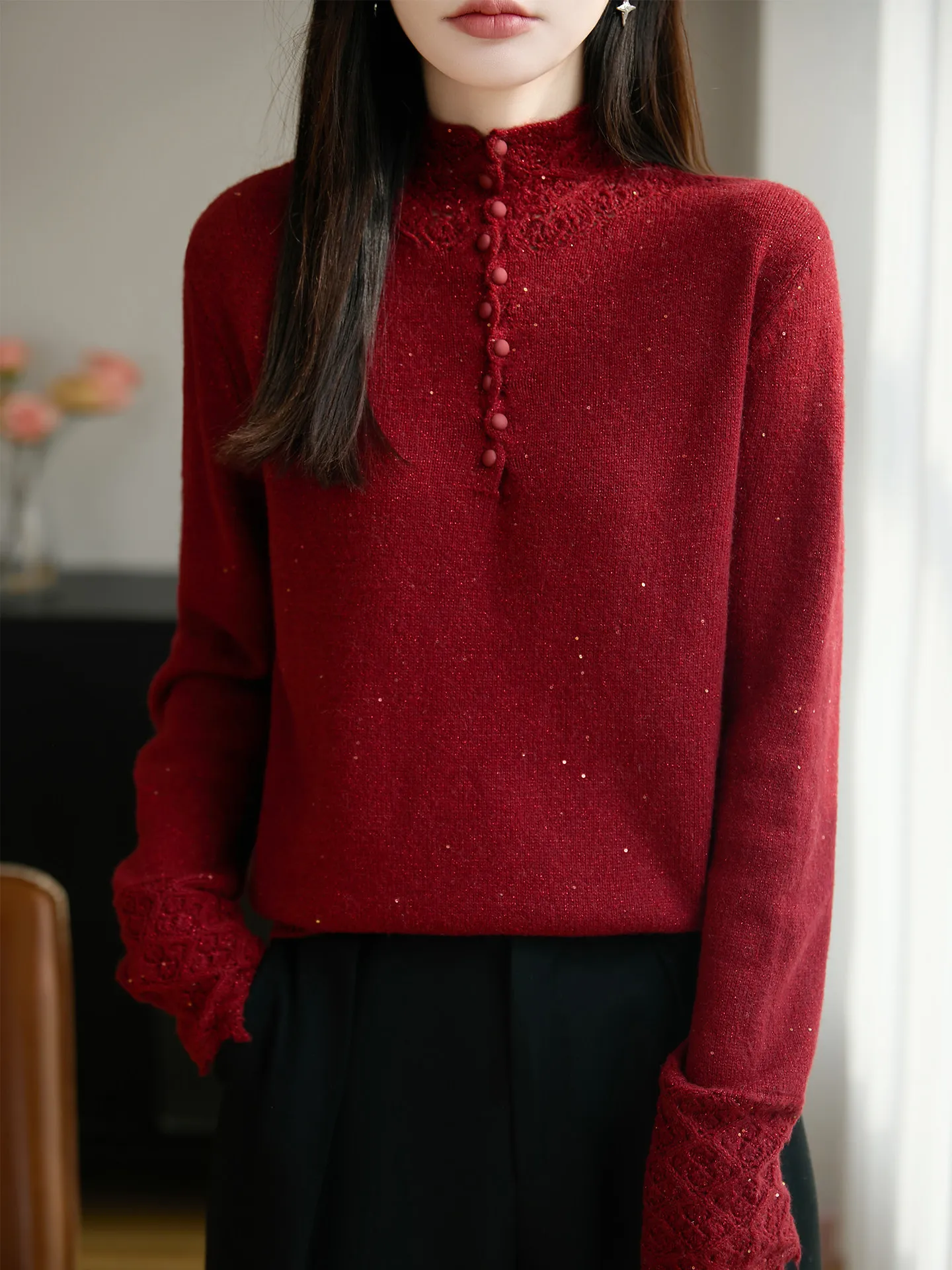 

Женский трикотажный свитер Ele Slim Fit с пуговицами, тяжелой вышивкой, стразами и высоким воротником, длинный рукав, для осени...