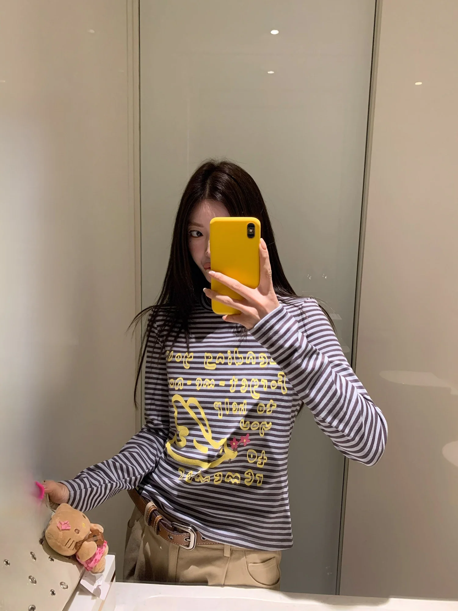 

Вязаная футболка с принтом, хлопковая, с длинными рукавами, круглым вырезом, в полоску, с дизайном в виде зубных протезов, такс, птиц и цветов