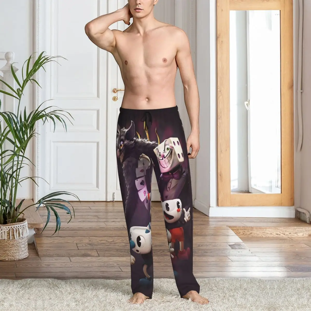مخصص الرجال Cupheads بيجامة السراويل المطبوعة Mugman لعبة النوم ملابس النوم قيعان مع جيوب