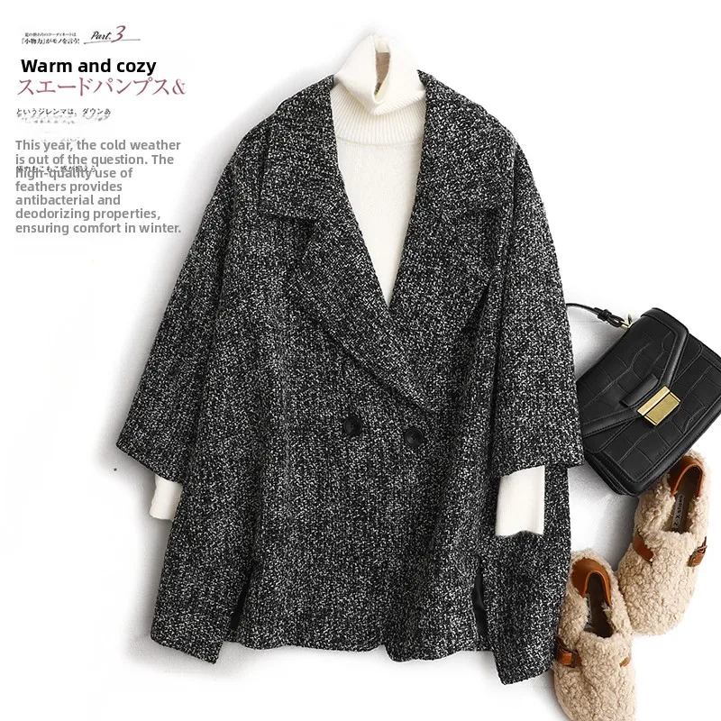 

Retro Sle Open Cardigan Woolen Coat with Seven Sve Loose Fit Suit Collar Vintage Procing for Autumn And Winter