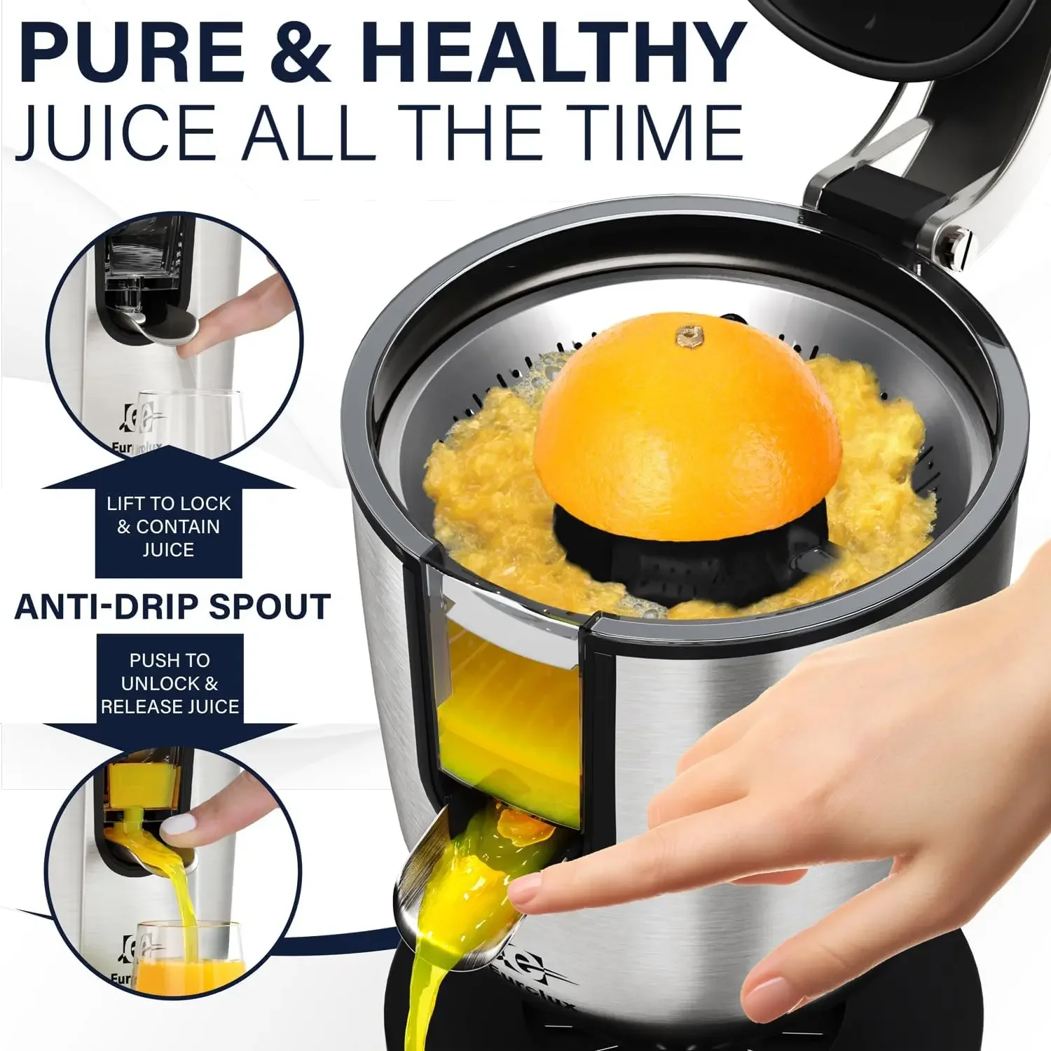 NEW Premium Electric Orange Juicer | Stainless Steel Citrus Squeezer With New Ultra-Powerful Motor and Soft Grip Handle for