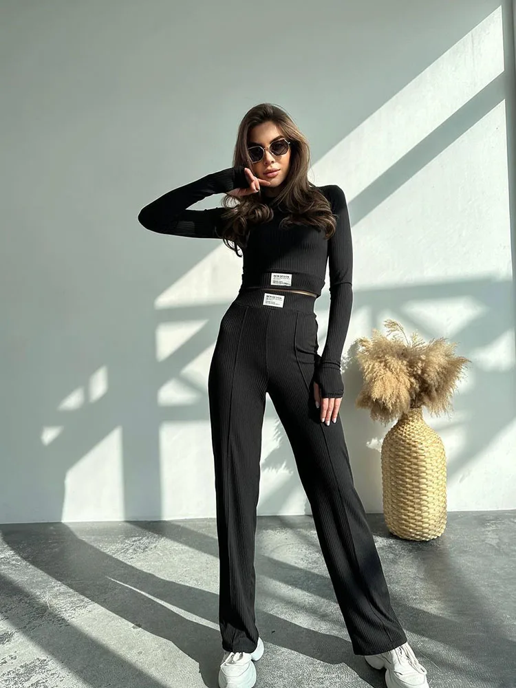 Spring Two Piece Work Office Lady Pants Suit Casual Long Sleeved Wide Leg Pants Set Basic Tank Top Blouse+Wide Leg Pants Female