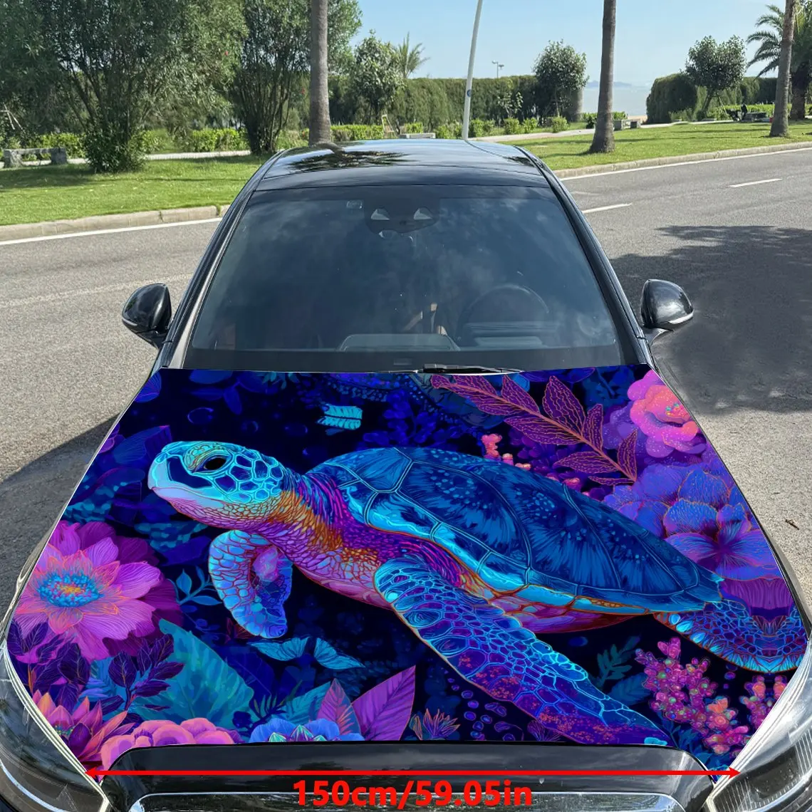 Dreamy Blue Sea Turtle and Colorful Flowers Car Vinyl Wrap, PVC Material Waterproof Car Hood Sticker, Self-Adhesive Scratch-Resi