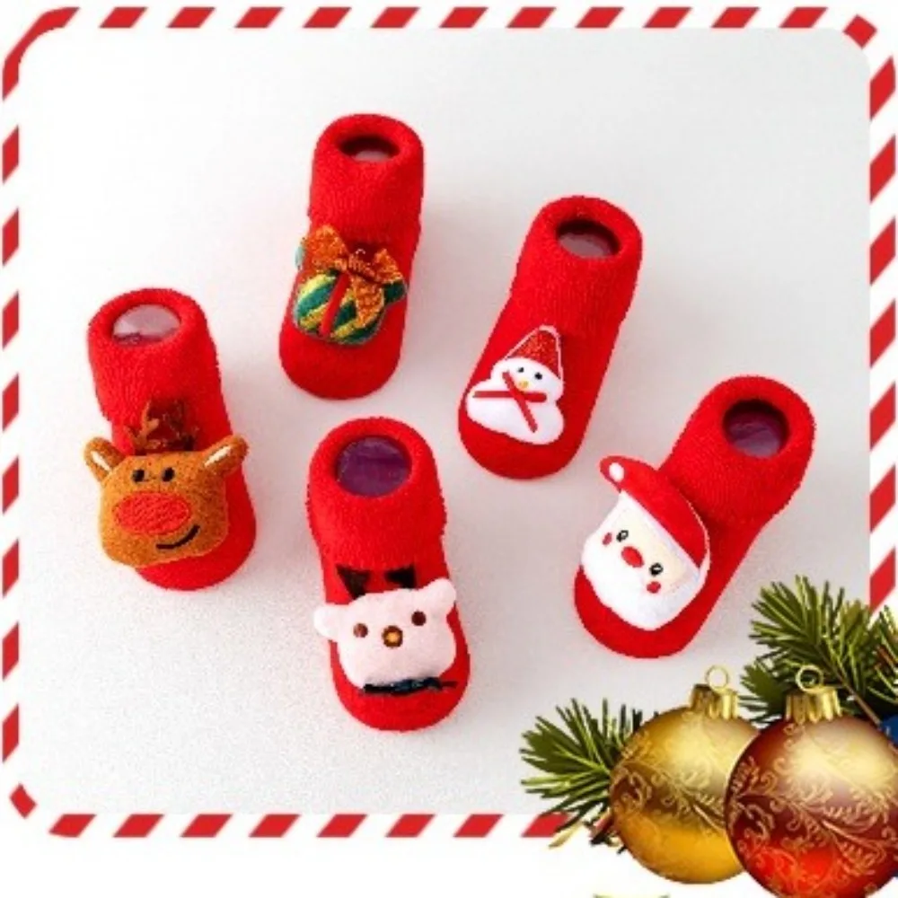 Cartoon Christmas Elements Socks Winter Warm Soft Toddler Non-slip Floor Socks Breathable Coral Fleece Hosiery Boys Girls