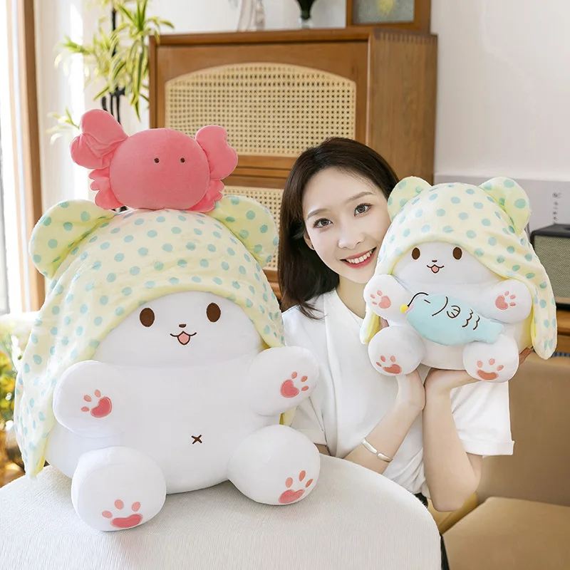 Polka Dot Hood Cat Plush Doll, Lovely White Cat Stuffed Toy with Tiny Pink Crab, Adorable Cartoon Animal, Creative Birthday Gift