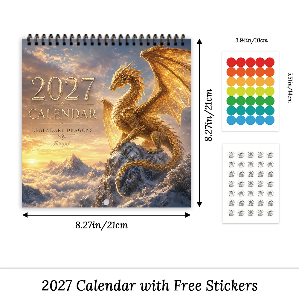 1pc 2027 Magic Dragon Art Wall Calendar,12‑Month Planner,Gift For Back‑to‑School,Christmas,New Year,Free Stickers Included