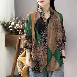 Tops for Women Spring Green Long Sleeve Chiffon Womens Shirt & Blouse Printed Loose Clothes Pattern Japanese Harajuku Fashion M
