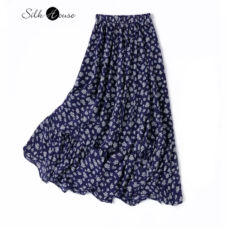 

4-meter Large Swing High Texture 100% Natural Mulberry Silk Crepe De Chine Elastic Waist A-line Elegant Navy Blue Floral Skirt