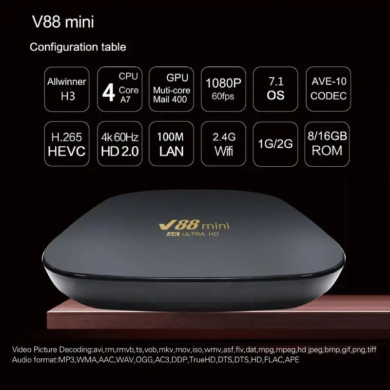 V88 Mini Smart TV Box Android 7.1 H3 Đa Core 2.4G WiFi HDMI 2.0 8K Set Top Box nhà Thông Minh Nhà Hát Truyền Thông Người Chơi 8GB + 128GB