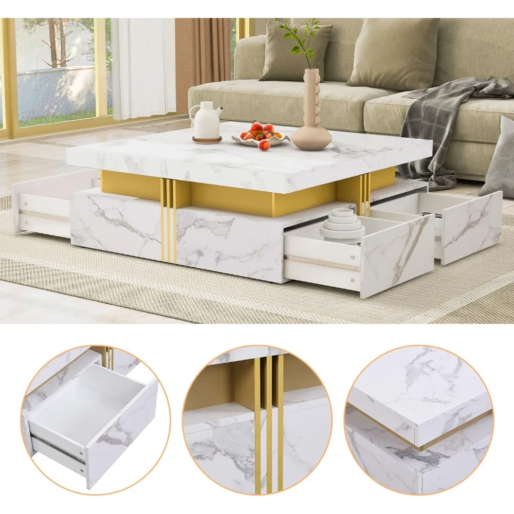 Coffee Table, Modern Square Coffee Table with 4 Drawers, Contemporary Luxury Center Table