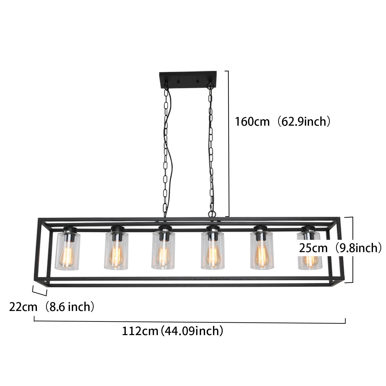 Lustres retangulares pretos com sombra de vidro, Iluminação para sala de jantar, Cozinha Ilha Pendurada Lâmpadas Pingentes, 6 Gaiola Leve