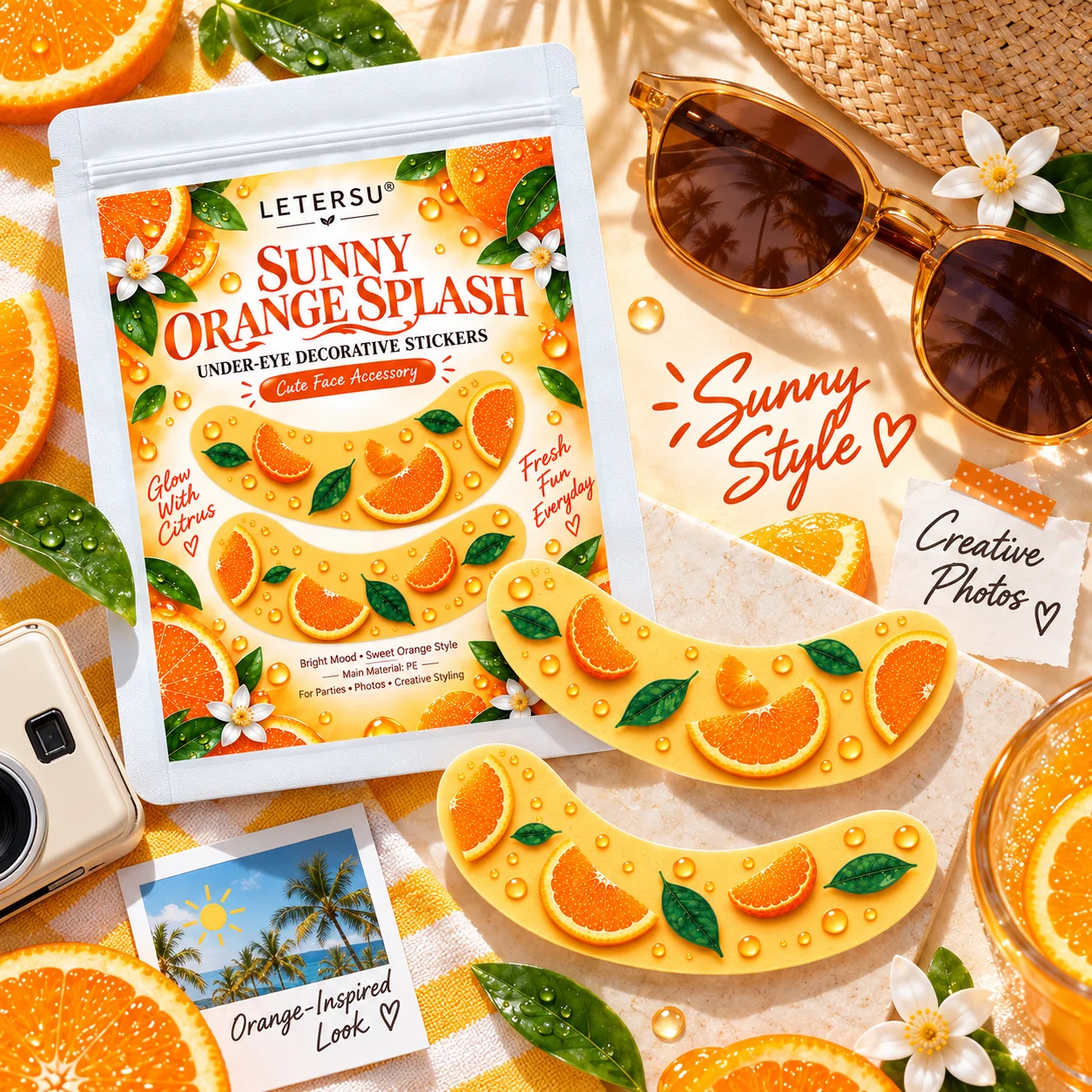 4PCS Orange Print Under Eye Stickers, Cute Fruit Eye Patches, Summer Face Makeup Accessories for Women, Beach Party Festival Pho