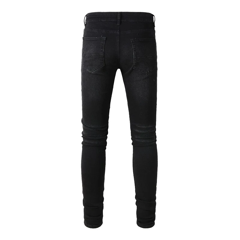 Herren Plissierte Patchwork-Biker-Jeans Streetwear Skinny Tapered Stretch-Denim-Hose Zerrissene Patchwork-Schwarze Hose – Detail 5