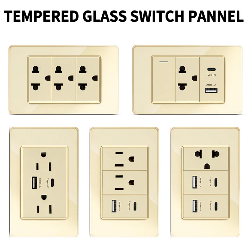

Tempered Glass Wall Outlet Switch with USB & Type-C,US Mexico Standard, Push Button, Modern Home Office Use