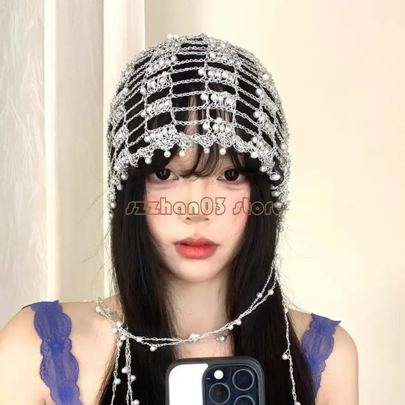 367C Handwoven Beadwork Net Hat With Silver Metal Chain Comfortable Head Chain Cap for Women Teens Music Festival Dressingup