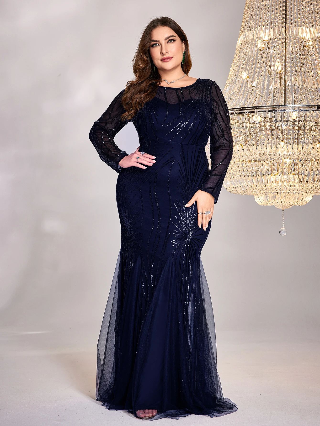 XUIBOL Plus Size Elegant Long Sleeves Sequin Evening Dresses For Women Mermaid Formal Bridesmaid Party Maxi Prom Dress Gown