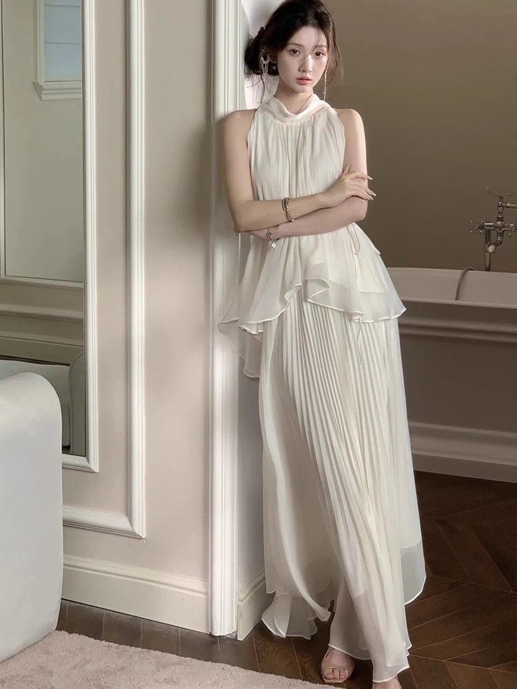 Blanc décontracté deux pièces ensemble femmes Svel haut jupe plissée Vaion longue Dr Ele haut de gamme sentiment été Faion